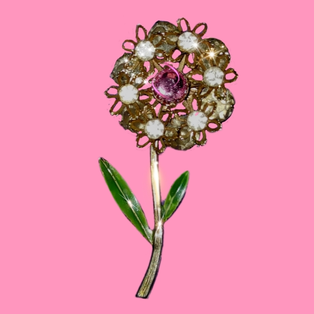 Vintage Rhinestone & Enamel Flower Brooch - Picture 14 of 16